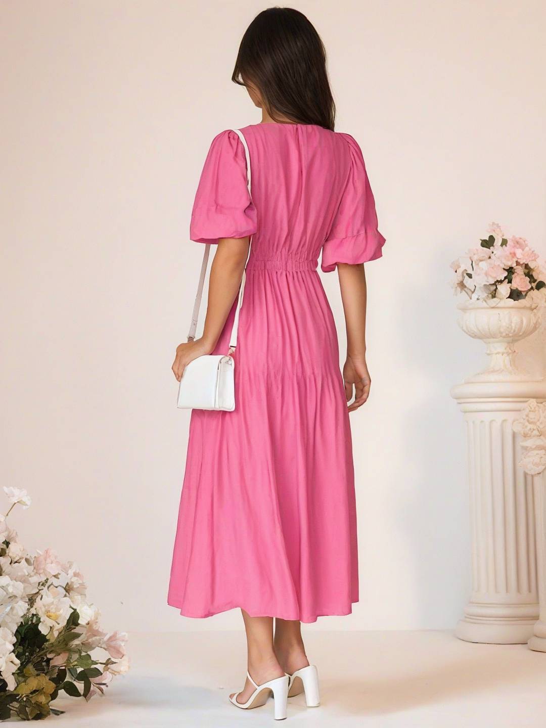 Cocolii longue robe boho v-cou à volantée manches bouffantes manches courtes élégant décontracté de plage anniversaire