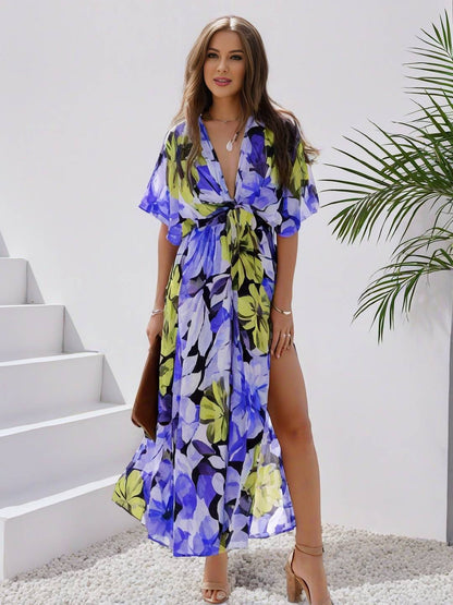 Cocolii longue robe bohème imprimé à fleurie v-cou fendu manches au coude femme boho décontracté ample hawaienne robe de plage