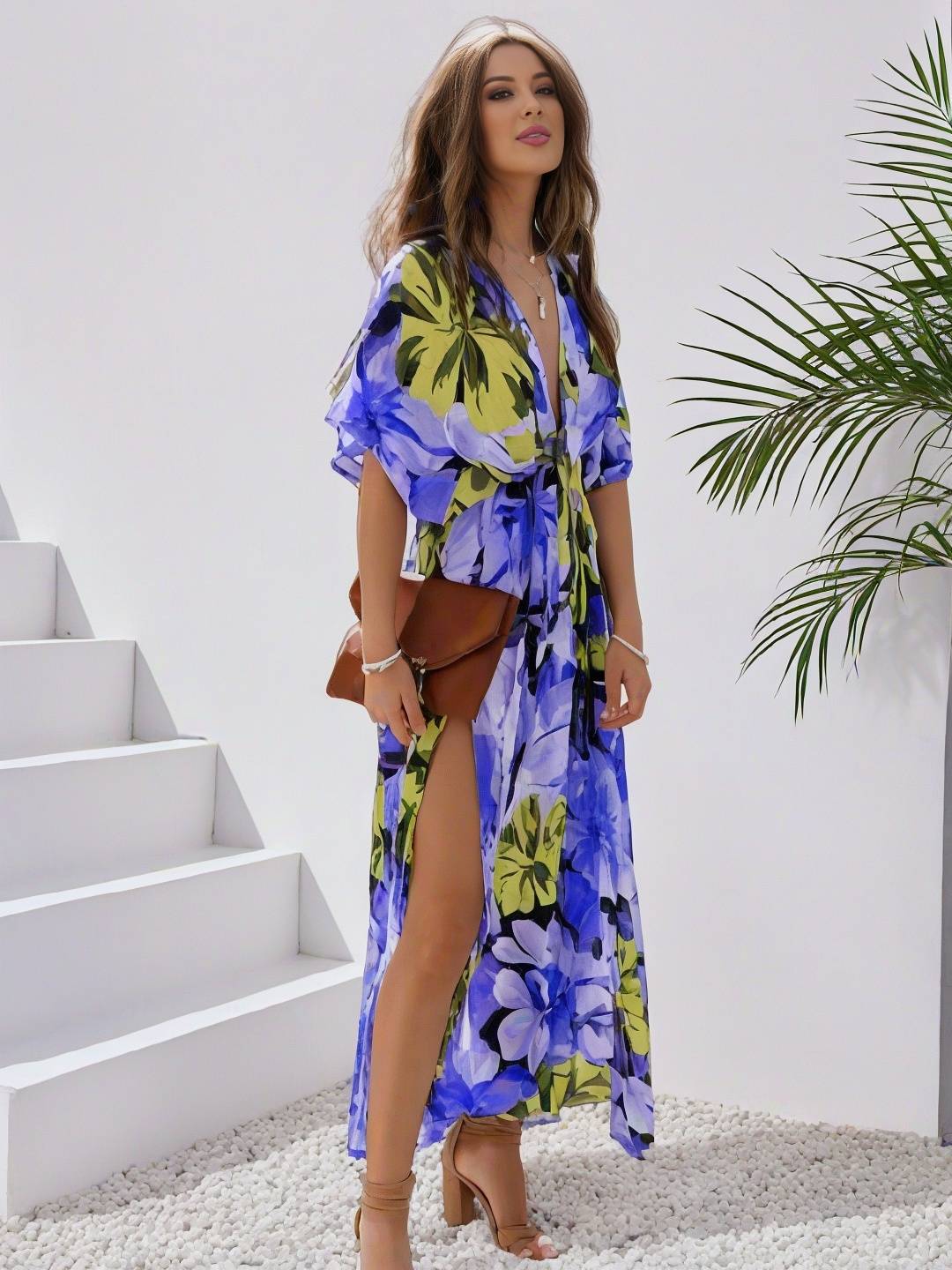 Cocolii longue robe bohème imprimé à fleurie v-cou fendu manches au coude femme boho décontracté ample hawaienne robe de plage