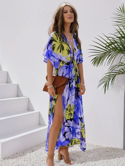 Cocolii longue robe bohème imprimé à fleurie v-cou fendu manches au coude femme boho décontracté ample hawaienne robe de plage