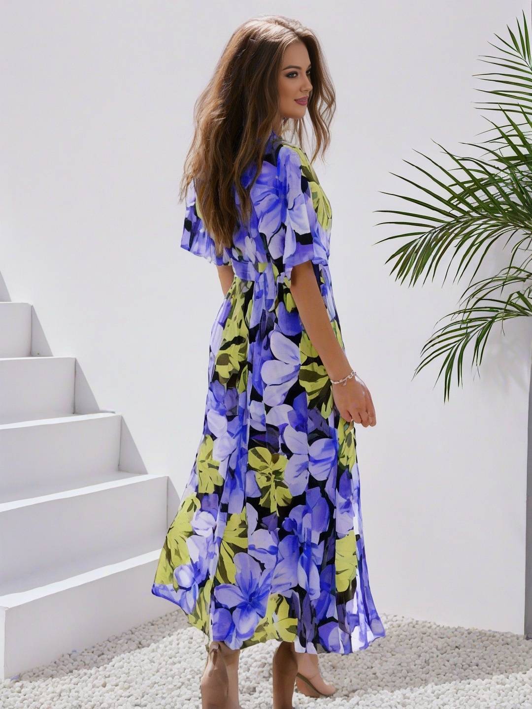 Cocolii longue robe bohème imprimé à fleurie v-cou fendu manches au coude femme boho décontracté ample hawaienne robe de plage