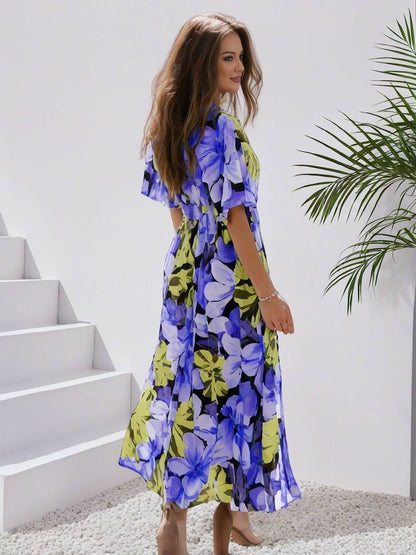 Cocolii longue robe bohème imprimé à fleurie v-cou fendu manches au coude femme boho décontracté ample hawaienne robe de plage