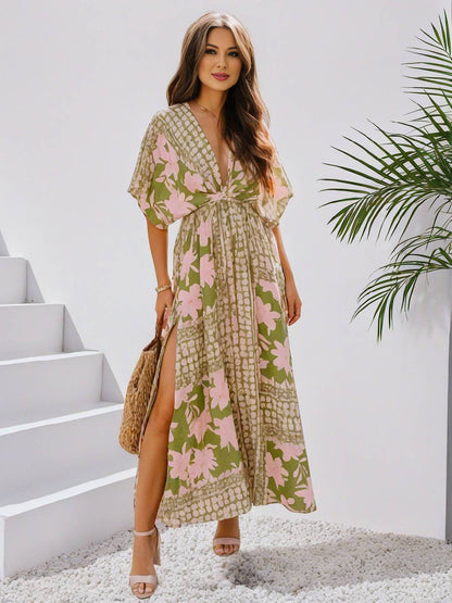 Cocolii longue robe bohème imprimé à fleurie v-cou fendu manches au coude femme boho décontracté ample hawaienne robe de plage
