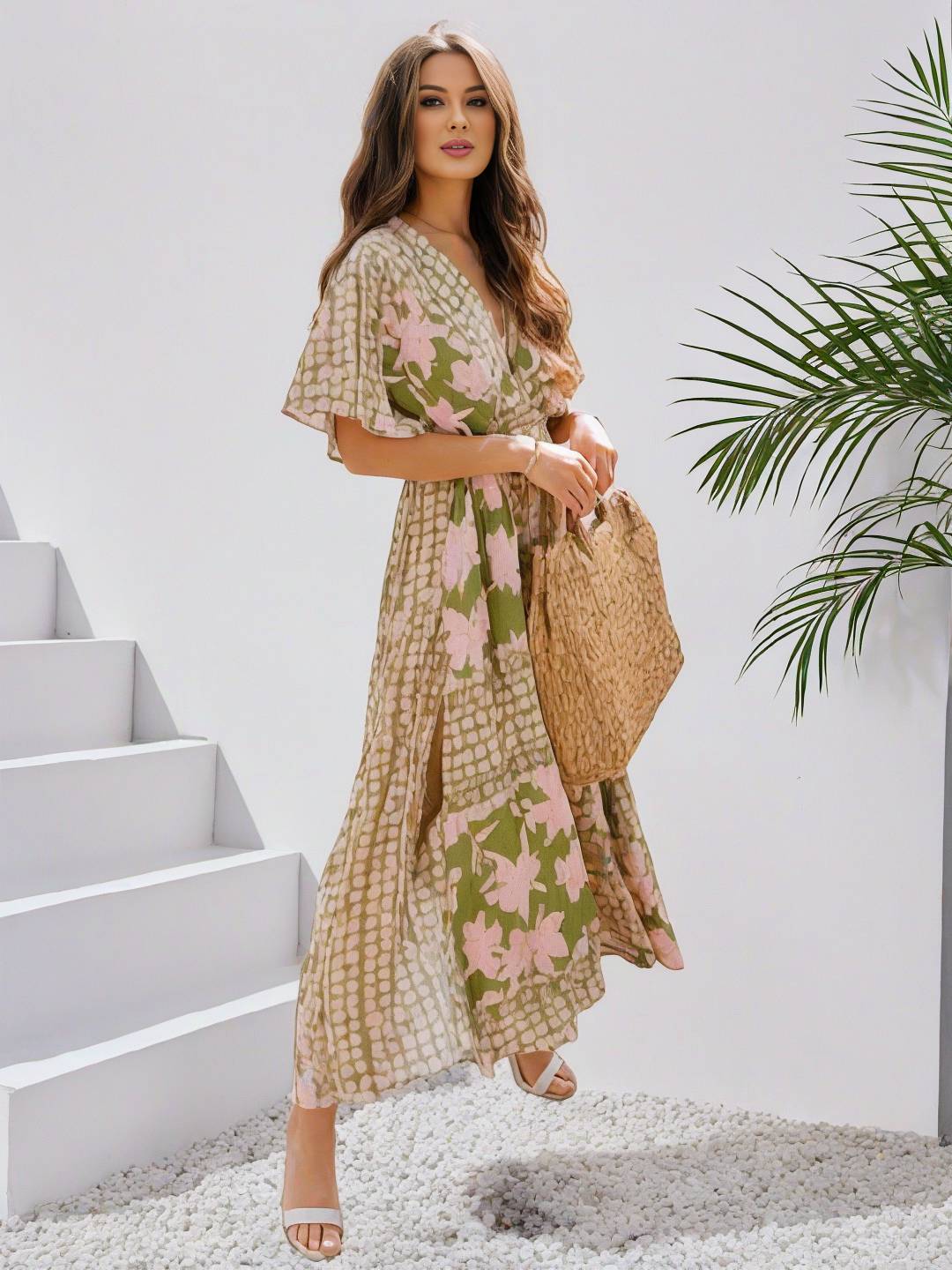 Cocolii longue robe bohème imprimé à fleurie v-cou fendu manches au coude femme boho décontracté ample hawaienne robe de plage