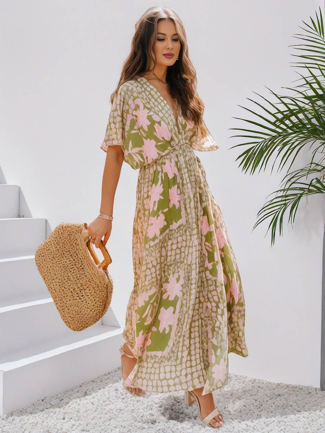 Cocolii longue robe bohème imprimé à fleurie v-cou fendu manches au coude femme boho décontracté ample hawaienne robe de plage