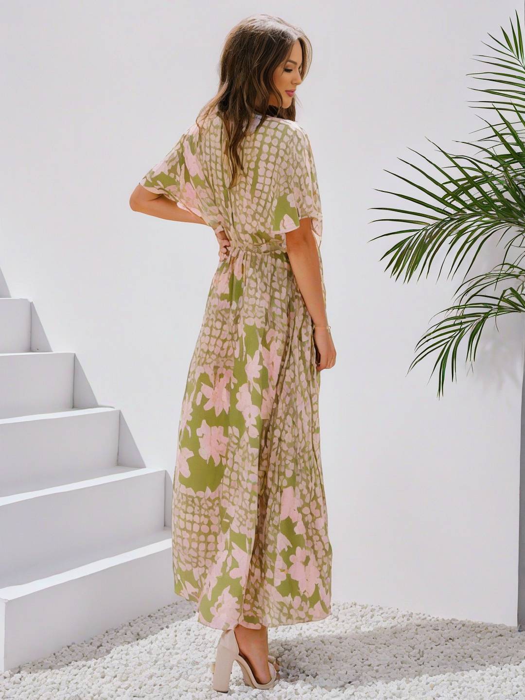 Cocolii longue robe bohème imprimé à fleurie v-cou fendu manches au coude femme boho décontracté ample hawaienne robe de plage