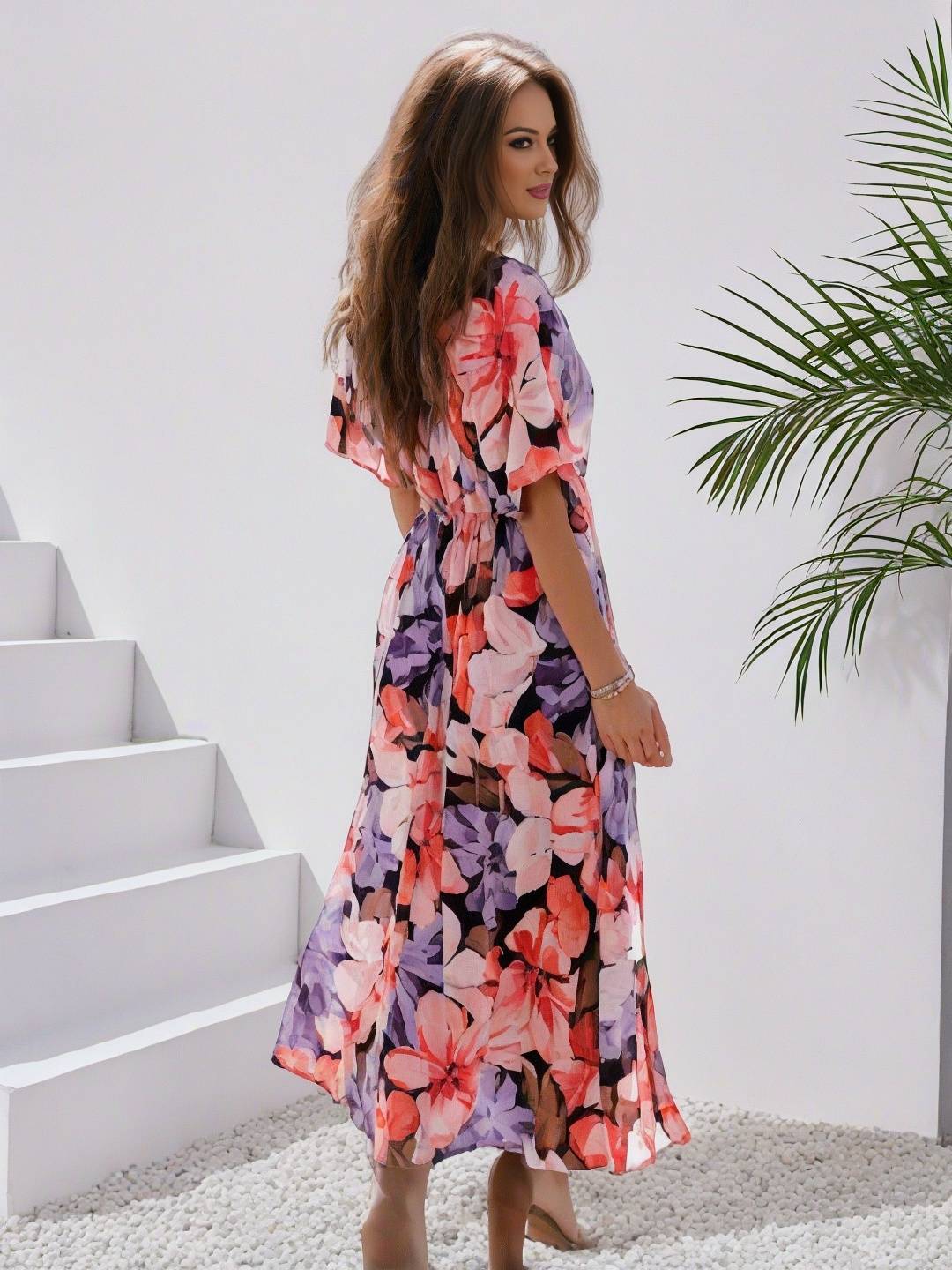 Cocolii longue robe bohème imprimé à fleurie v-cou fendu manches au coude femme boho décontracté ample hawaienne robe de plage