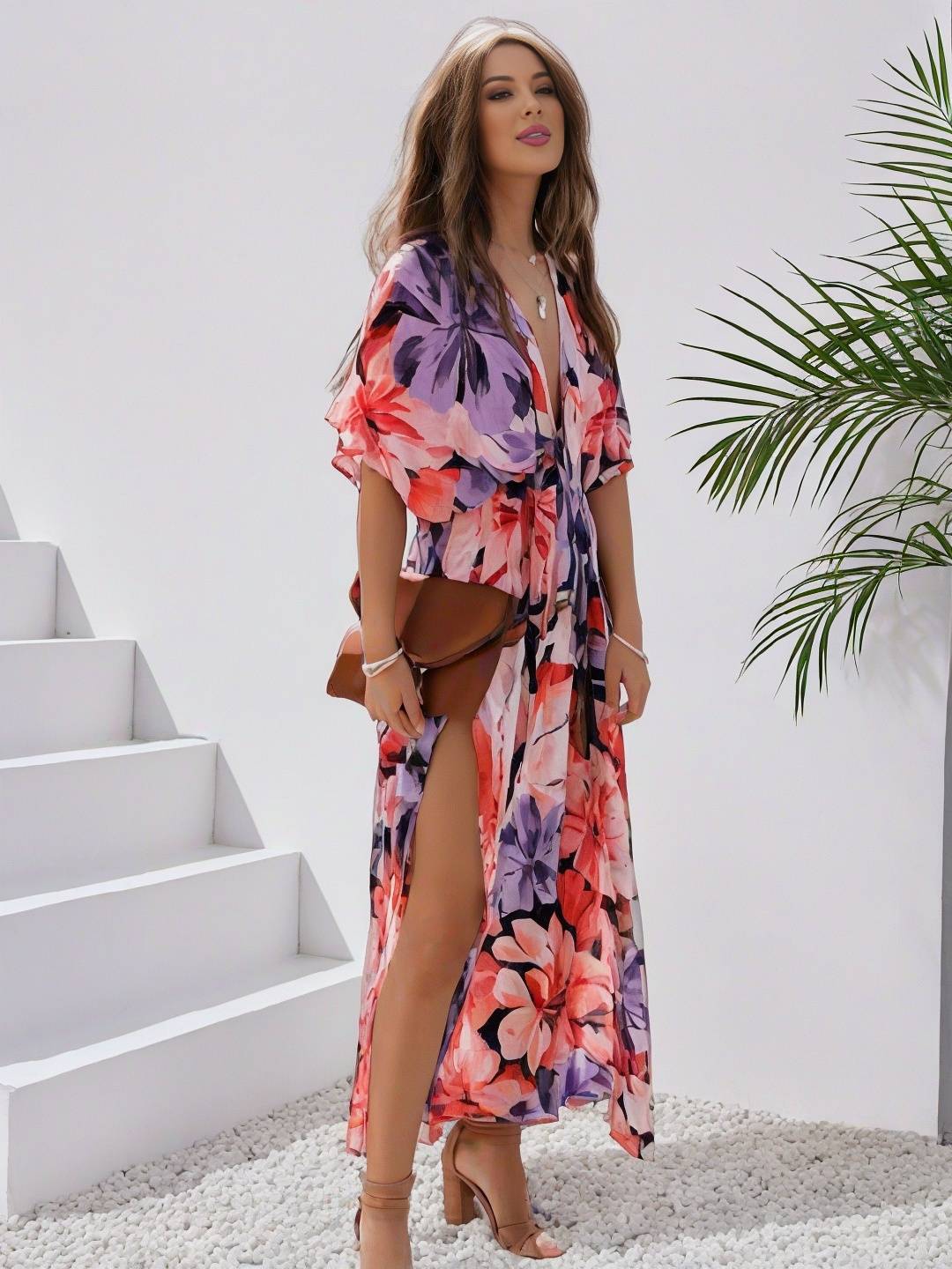 Cocolii longue robe bohème imprimé à fleurie v-cou fendu manches au coude femme boho décontracté ample hawaienne robe de plage