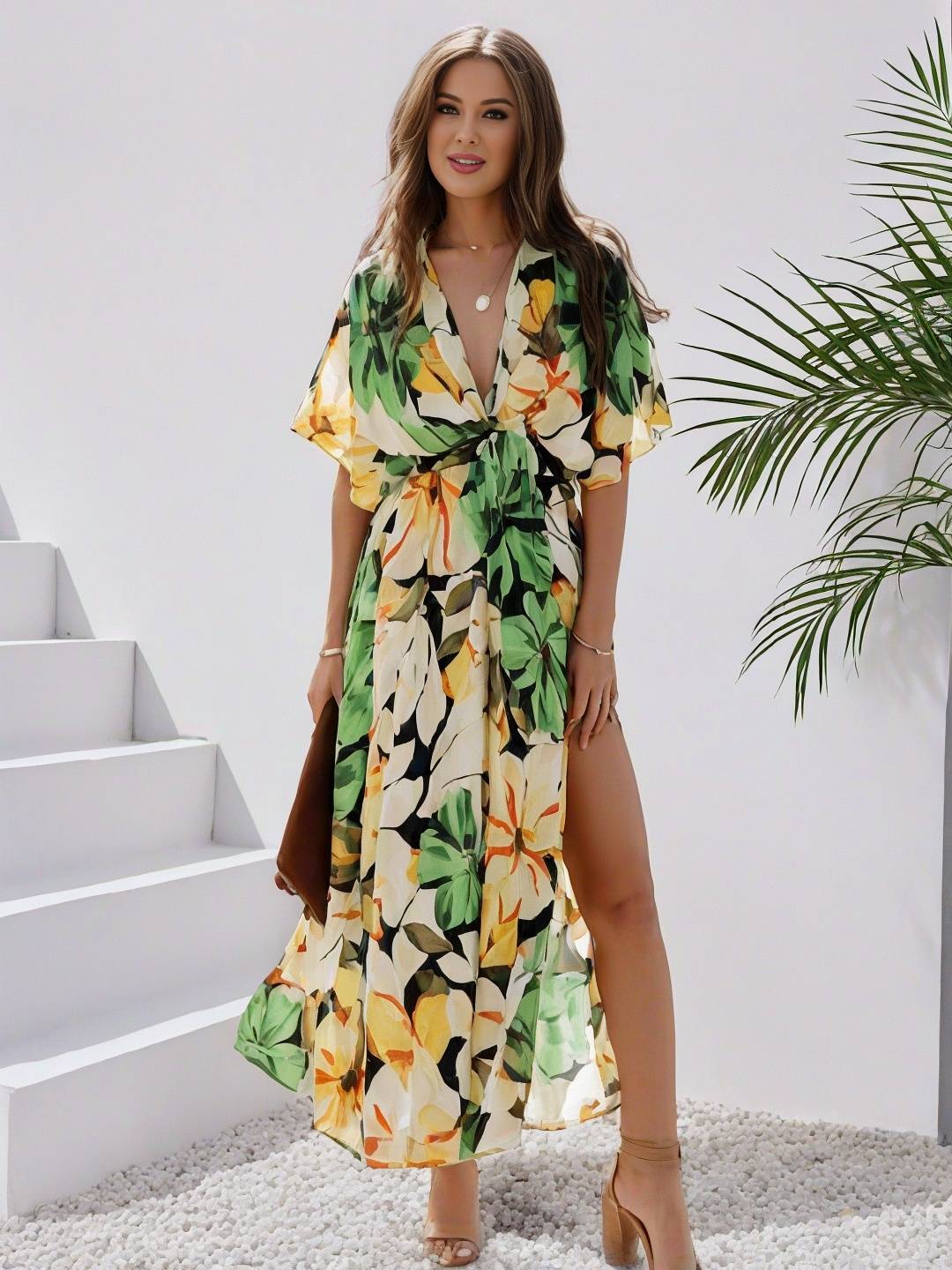 Cocolii longue robe bohème imprimé à fleurie v-cou fendu manches au coude femme boho décontracté ample hawaienne robe de plage