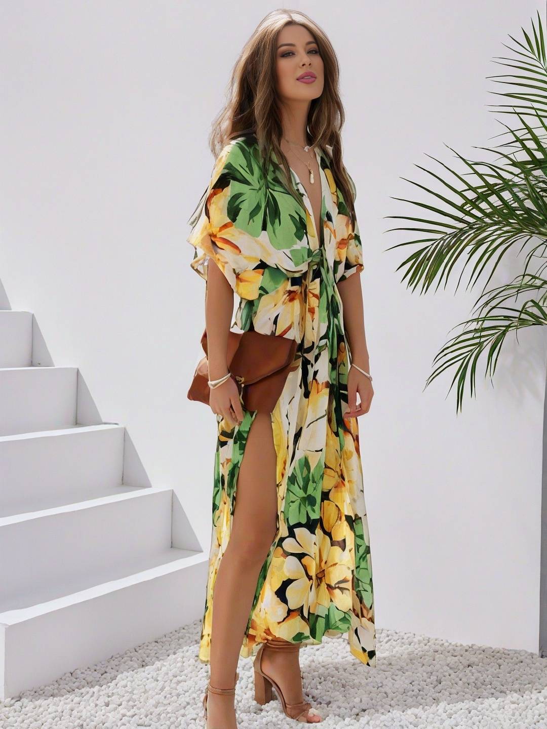 Cocolii longue robe bohème imprimé à fleurie v-cou fendu manches au coude femme boho décontracté ample hawaienne robe de plage