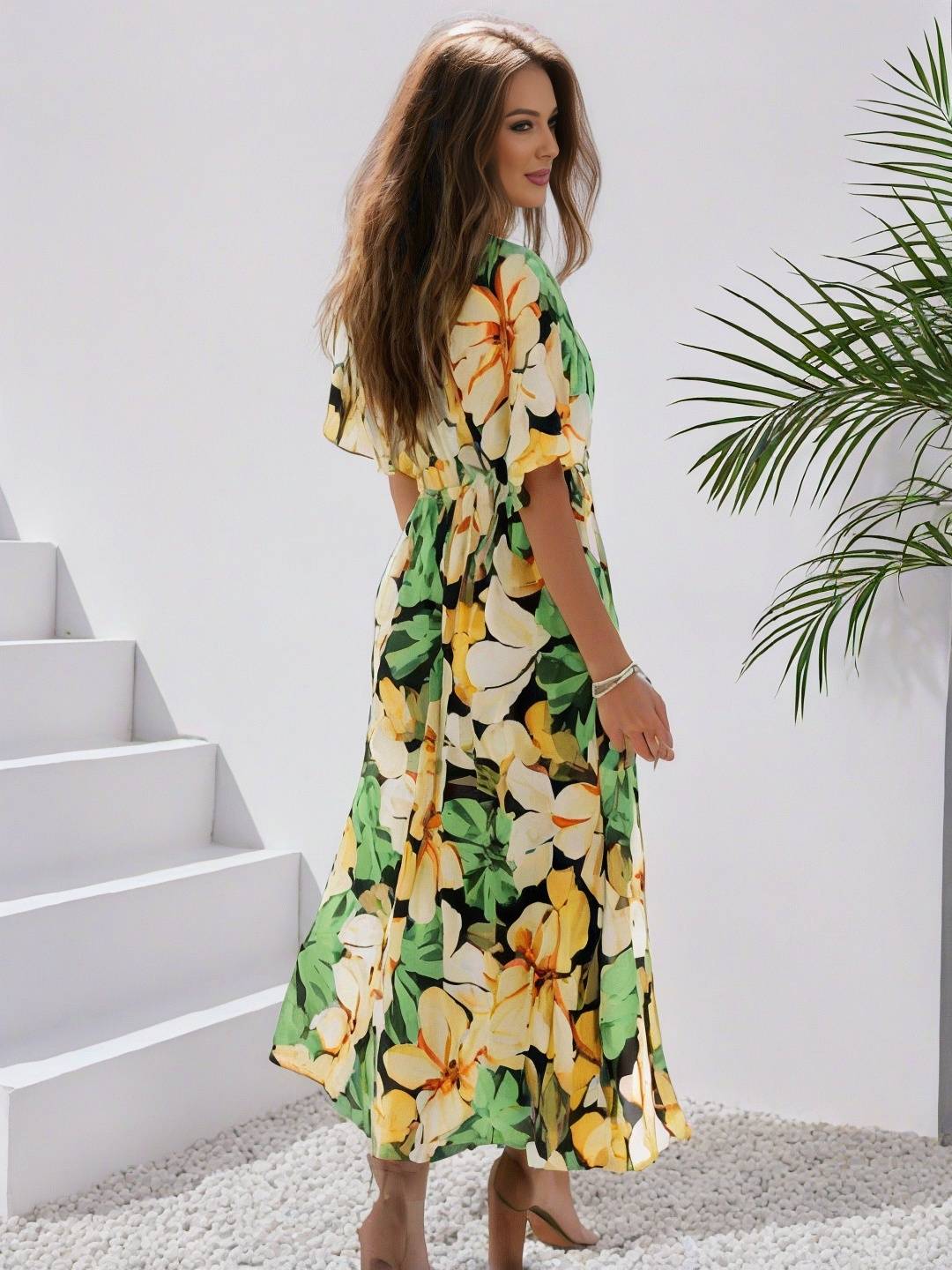 Cocolii longue robe bohème imprimé à fleurie v-cou fendu manches au coude femme boho décontracté ample hawaienne robe de plage