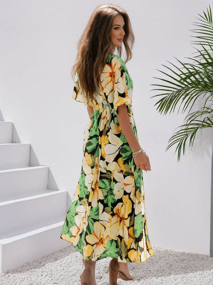 Cocolii longue robe bohème imprimé à fleurie v-cou fendu manches au coude femme boho décontracté ample hawaienne robe de plage