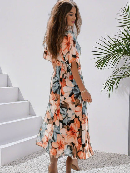 Cocolii longue robe bohème imprimé à fleurie v-cou fendu manches au coude femme boho décontracté ample hawaienne robe de plage