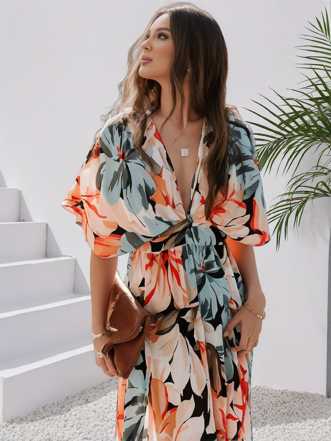Cocolii longue robe bohème imprimé à fleurie v-cou fendu manches au coude femme boho décontracté ample hawaienne robe de plage
