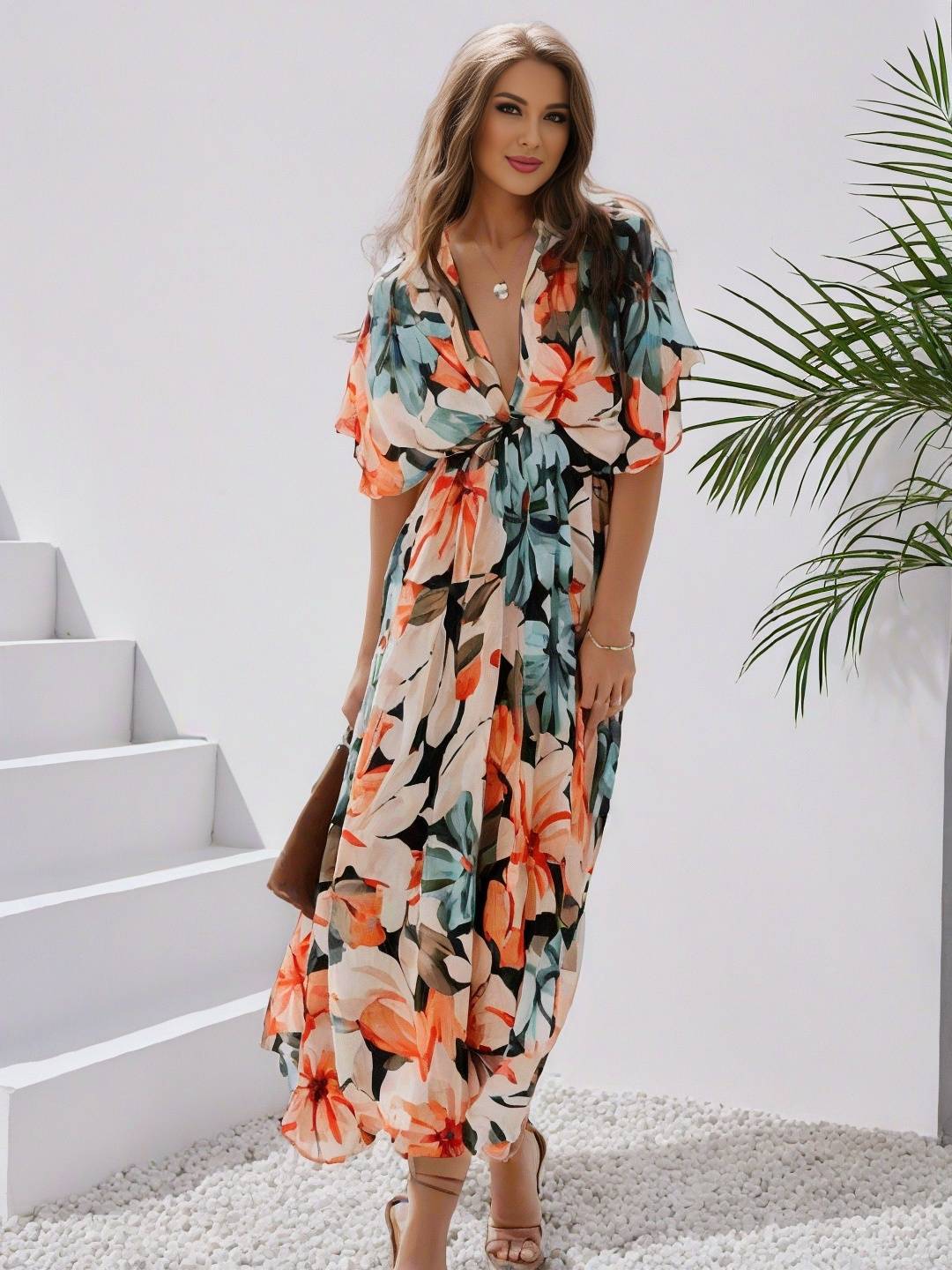 Cocolii longue robe bohème imprimé à fleurie v-cou fendu manches au coude femme boho décontracté ample hawaienne robe de plage