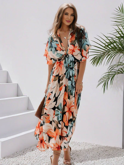 Cocolii longue robe bohème imprimé à fleurie v-cou fendu manches au coude femme boho décontracté ample hawaienne robe de plage