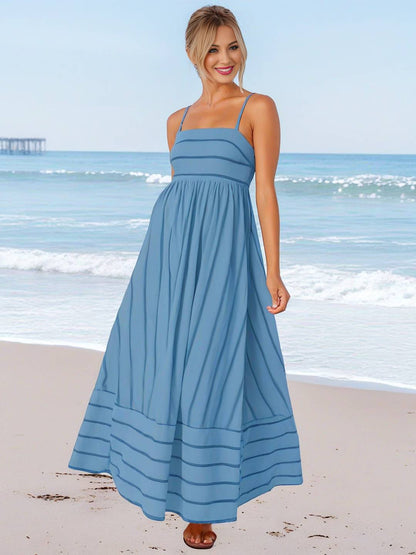 Cocolii robe longue rayé à fines brides fluide dos nu sans manches casual doux ample décontracté femme robe de plage