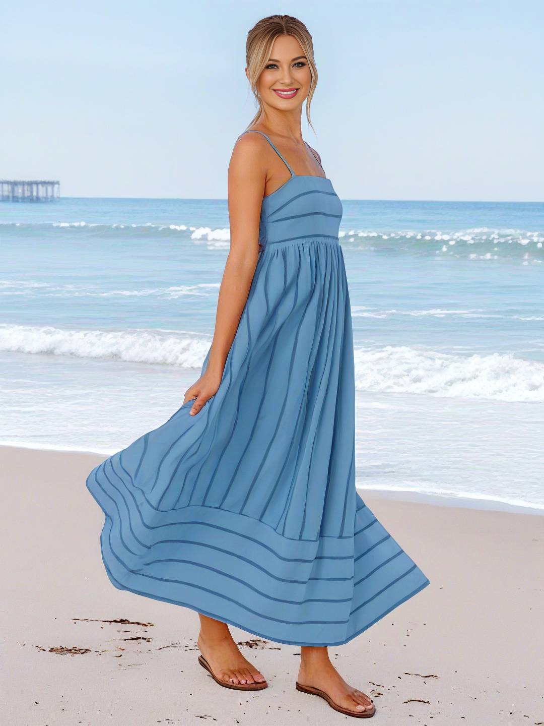 Cocolii robe longue rayé à fines brides fluide dos nu sans manches casual doux ample décontracté femme robe de plage