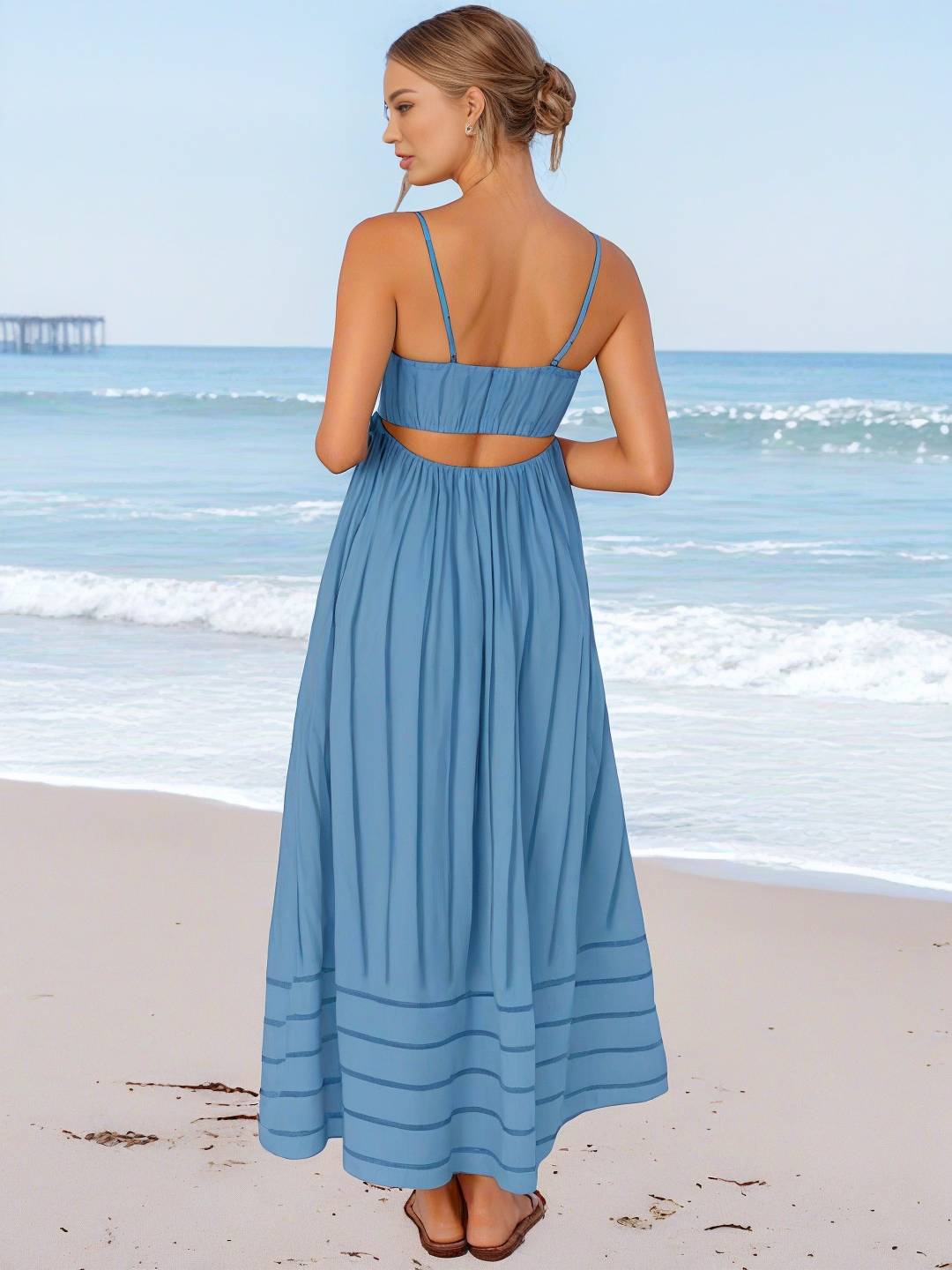 Cocolii robe longue rayé à fines brides fluide dos nu sans manches casual doux ample décontracté femme robe de plage