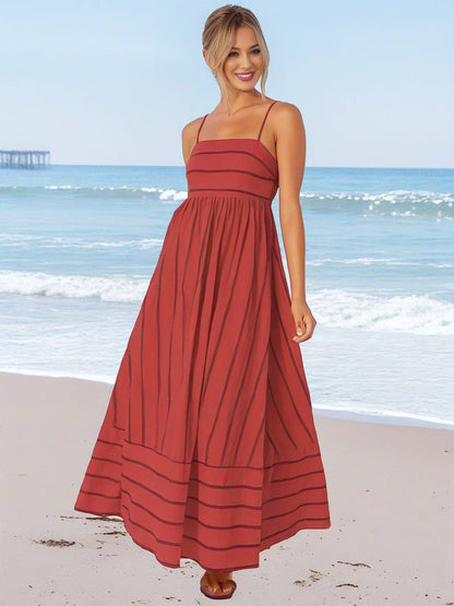 Cocolii robe longue rayé à fines brides fluide dos nu sans manches casual doux ample décontracté femme robe de plage