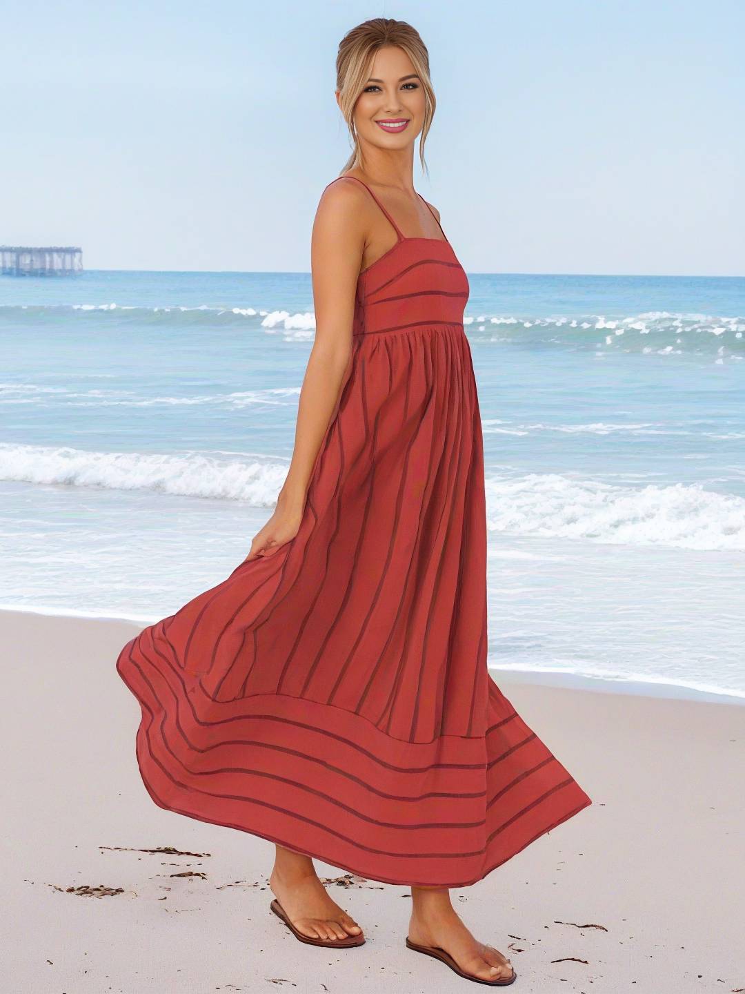 Cocolii robe longue rayé à fines brides fluide dos nu sans manches casual doux ample décontracté femme robe de plage