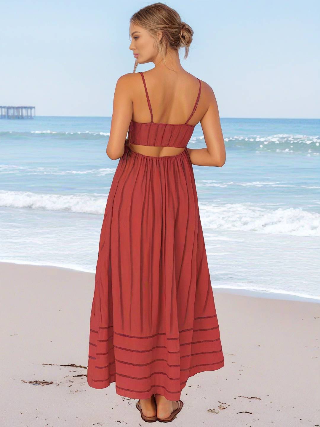 Cocolii robe longue rayé à fines brides fluide dos nu sans manches casual doux ample décontracté femme robe de plage