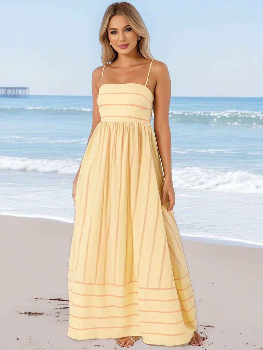 Cocolii robe longue rayé à fines brides fluide dos nu sans manches casual doux ample décontracté femme robe de plage