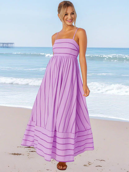 Cocolii robe longue rayé à fines brides fluide dos nu sans manches casual doux ample décontracté femme robe de plage