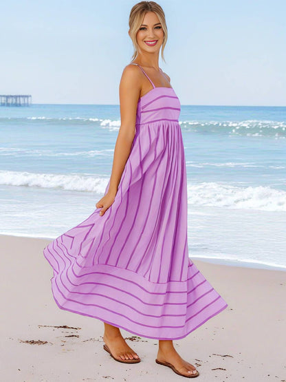 Cocolii robe longue rayé à fines brides fluide dos nu sans manches casual doux ample décontracté femme robe de plage