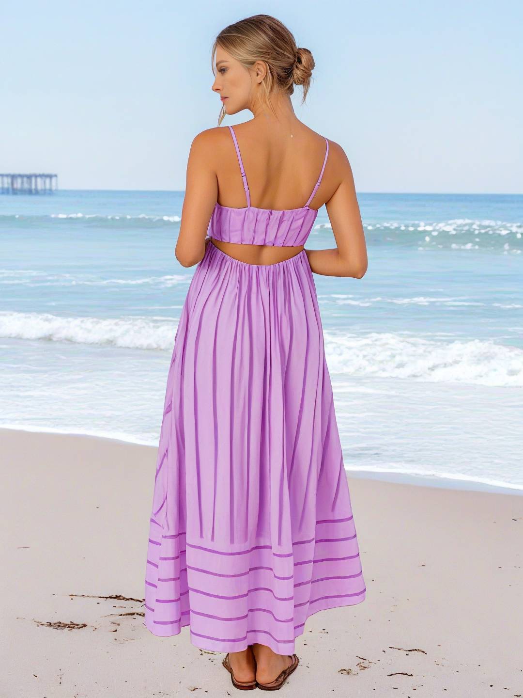 Cocolii robe longue rayé à fines brides fluide dos nu sans manches casual doux ample décontracté femme robe de plage