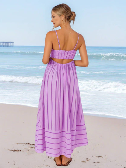 Cocolii robe longue rayé à fines brides fluide dos nu sans manches casual doux ample décontracté femme robe de plage