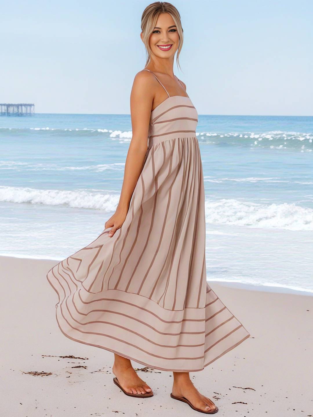 Cocolii robe longue rayé à fines brides fluide dos nu sans manches casual doux ample décontracté femme robe de plage