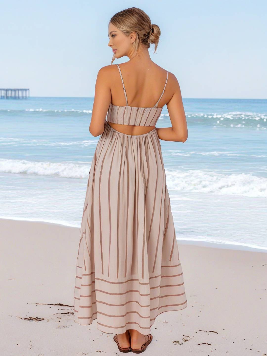 Cocolii robe longue rayé à fines brides fluide dos nu sans manches casual doux ample décontracté femme robe de plage