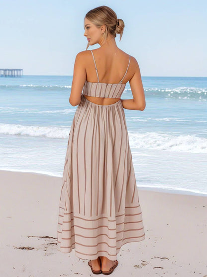 Cocolii robe longue rayé à fines brides fluide dos nu sans manches casual doux ample décontracté femme robe de plage