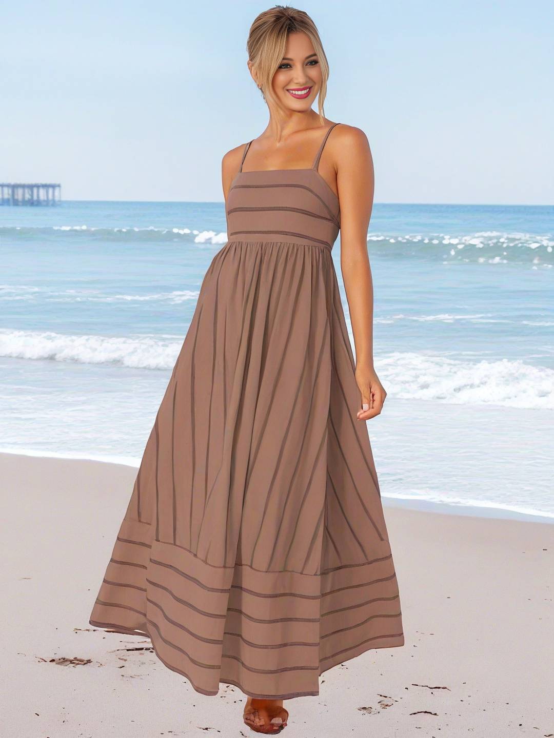 Cocolii robe longue rayé à fines brides fluide dos nu sans manches casual doux ample décontracté femme robe de plage