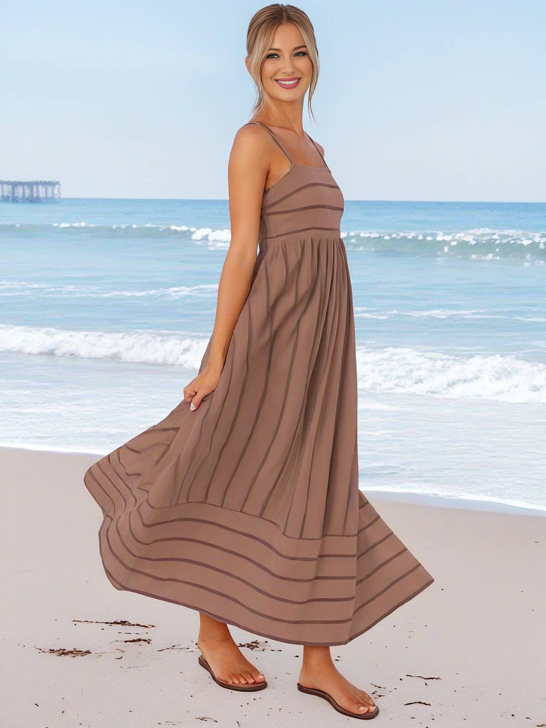 Cocolii robe longue rayé à fines brides fluide dos nu sans manches casual doux ample décontracté femme robe de plage