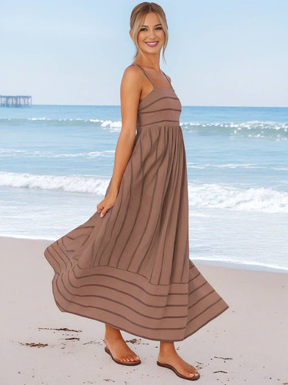 Cocolii robe longue rayé à fines brides fluide dos nu sans manches casual doux ample décontracté femme robe de plage