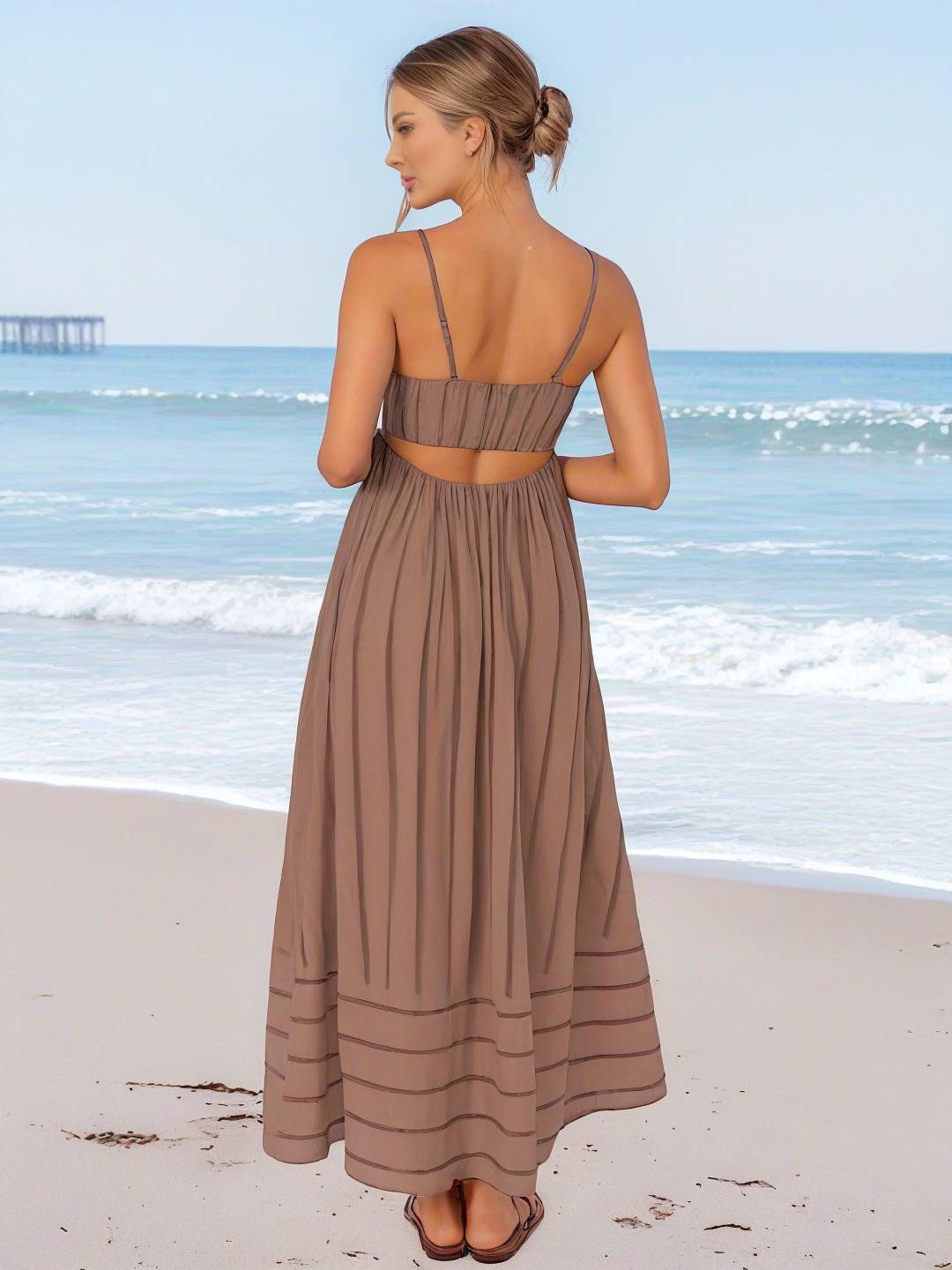 Cocolii robe longue rayé à fines brides fluide dos nu sans manches casual doux ample décontracté femme robe de plage