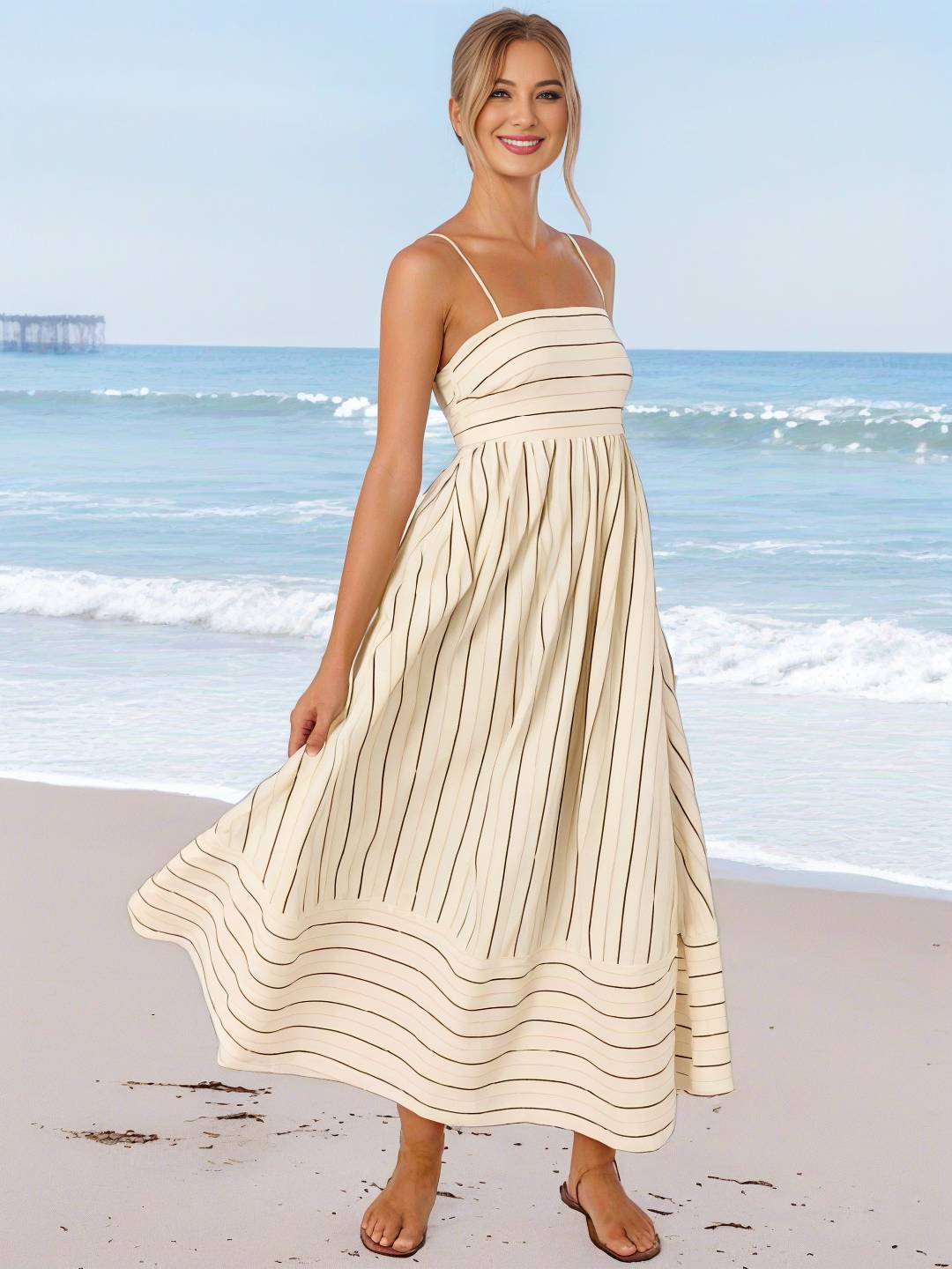 Cocolii robe longue rayé à fines brides fluide dos nu sans manches casual doux ample décontracté femme robe de plage