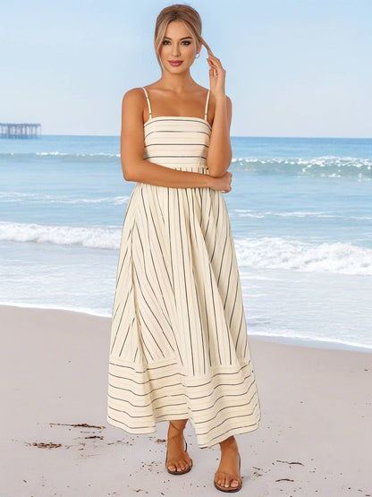 Cocolii robe longue rayé à fines brides fluide dos nu sans manches casual doux ample décontracté femme robe de plage