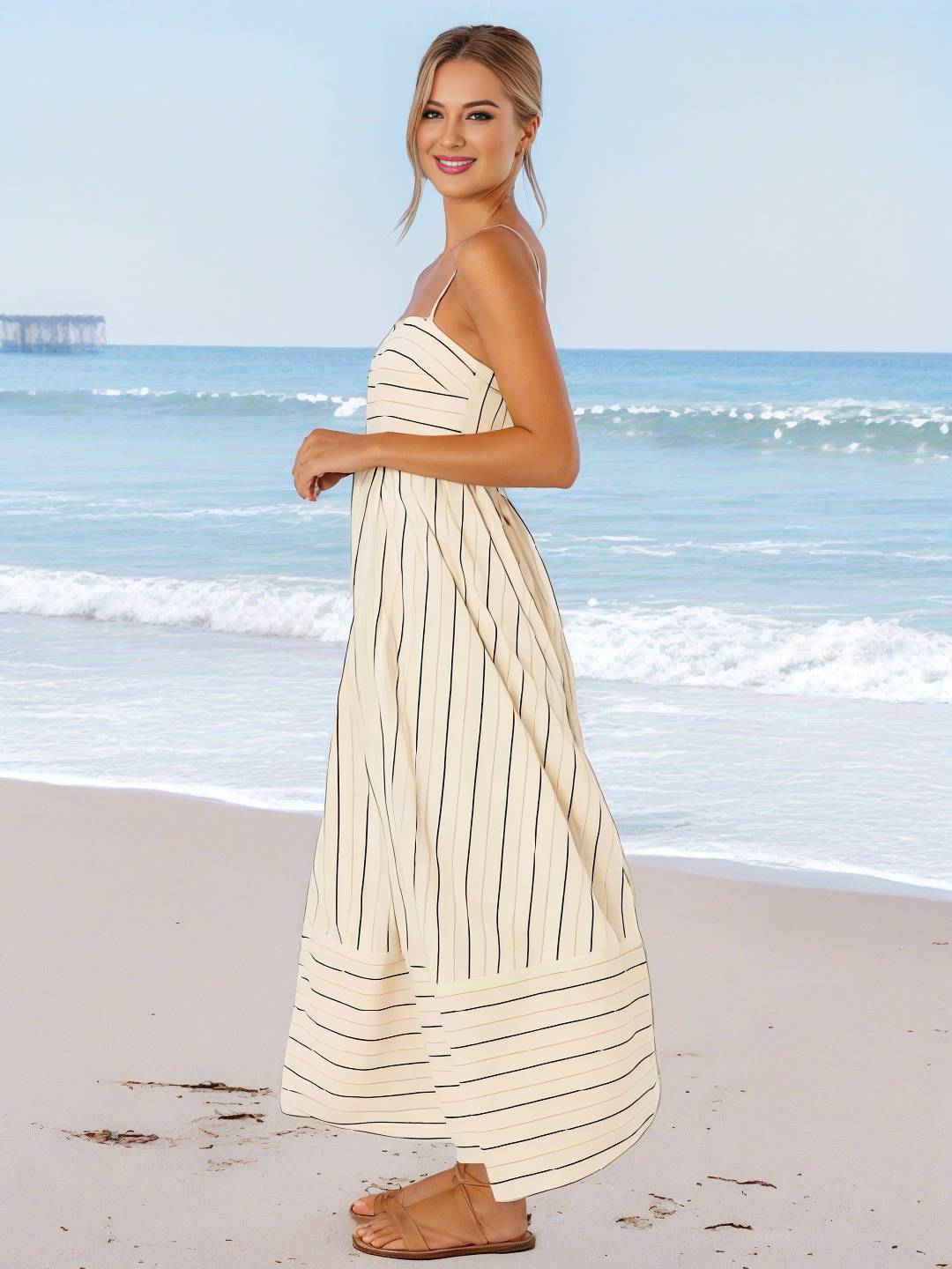 Cocolii robe longue rayé à fines brides fluide dos nu sans manches casual doux ample décontracté femme robe de plage