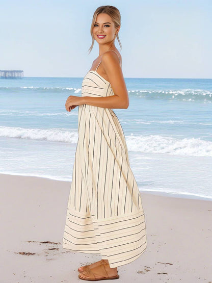 Cocolii robe longue rayé à fines brides fluide dos nu sans manches casual doux ample décontracté femme robe de plage