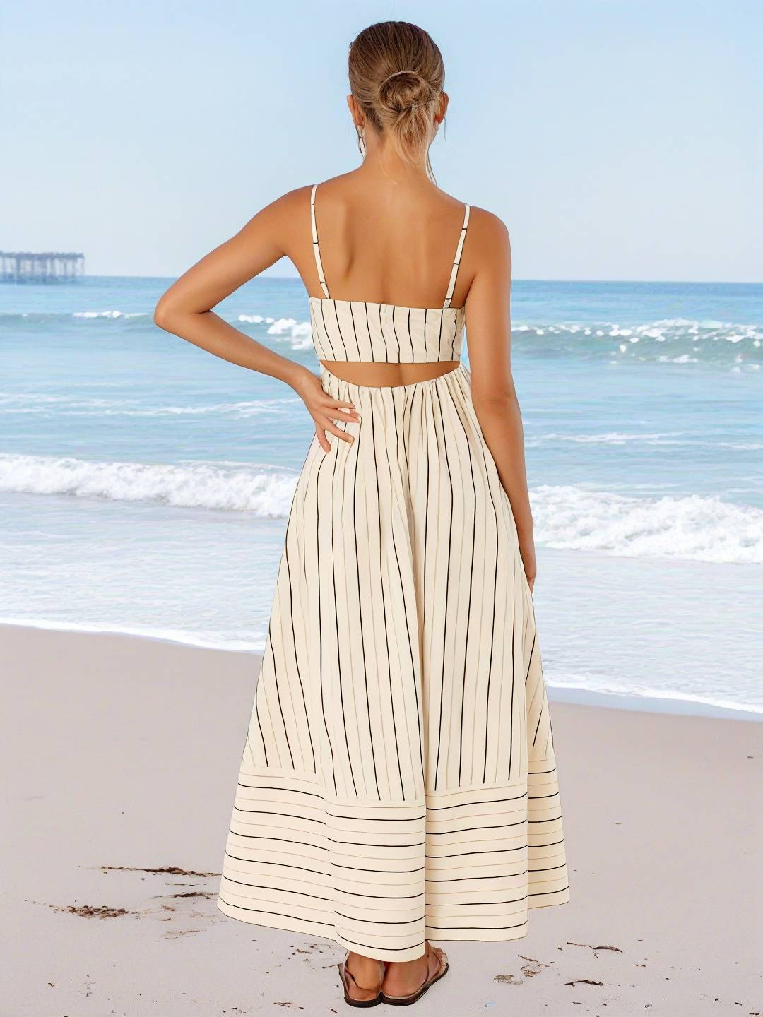 Cocolii robe longue rayé à fines brides fluide dos nu sans manches casual doux ample décontracté femme robe de plage