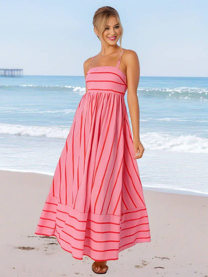 Cocolii robe longue rayé à fines brides fluide dos nu sans manches casual doux ample décontracté femme robe de plage