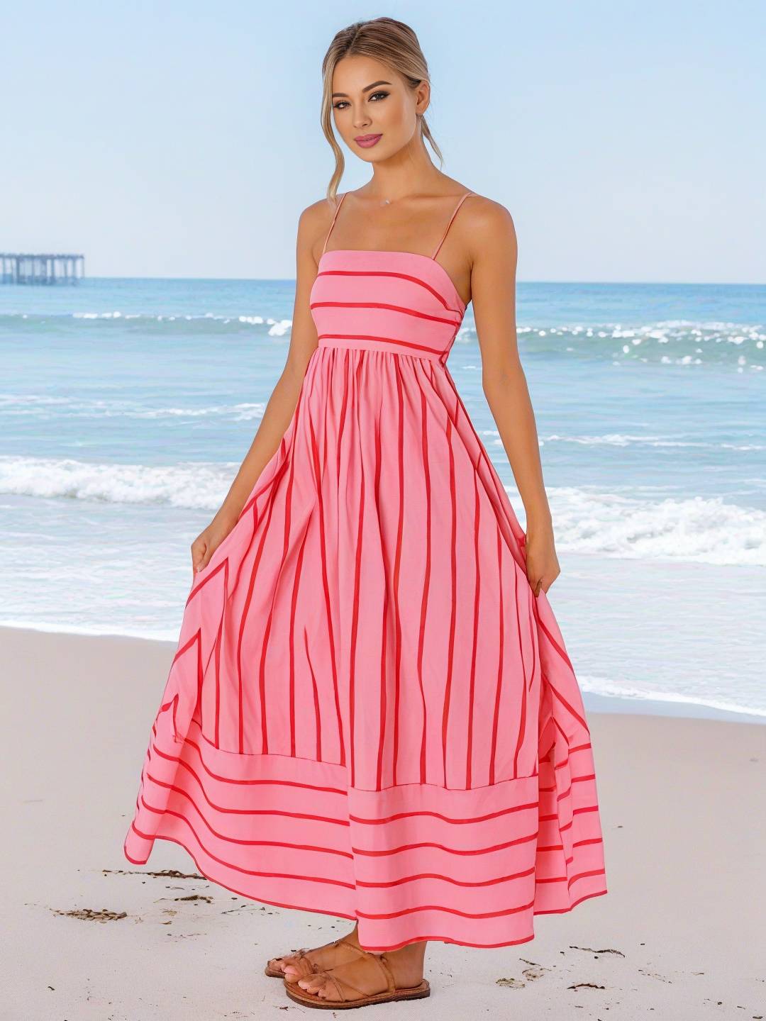 Cocolii robe longue rayé à fines brides fluide dos nu sans manches casual doux ample décontracté femme robe de plage