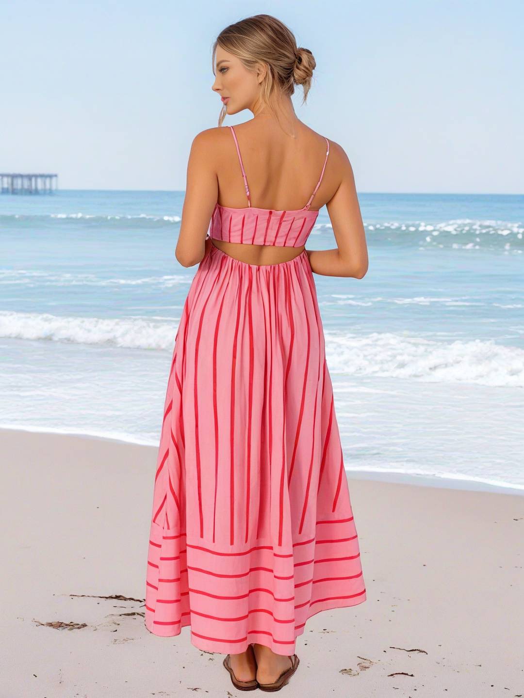 Cocolii robe longue rayé à fines brides fluide dos nu sans manches casual doux ample décontracté femme robe de plage