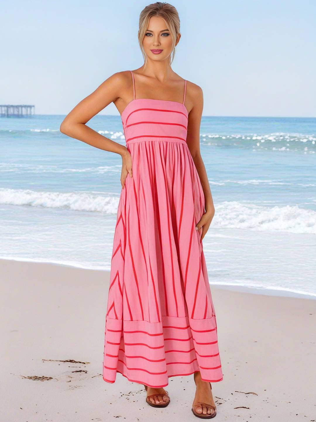 Cocolii robe longue rayé à fines brides fluide dos nu sans manches casual doux ample décontracté femme robe de plage