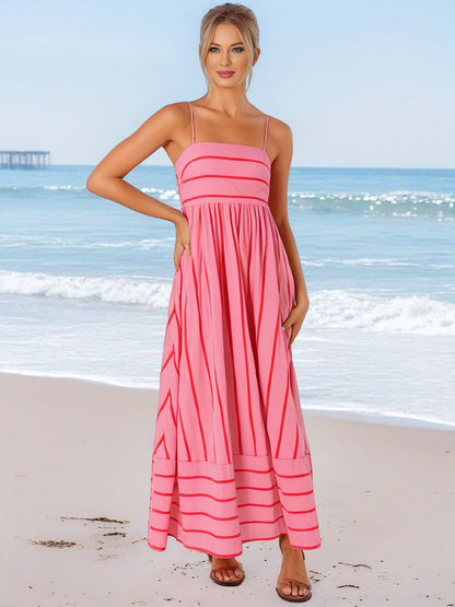 Cocolii robe longue rayé à fines brides fluide dos nu sans manches casual doux ample décontracté femme robe de plage