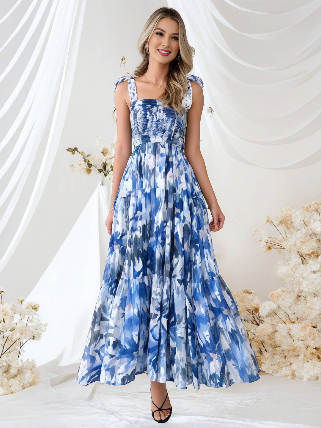 Cocolii robe bohème robe longue imprimé à fleurie à volantée fluide nœud à fines brides casual doux décontracté femme robe de plage