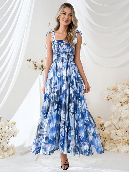 Cocolii robe bohème robe longue imprimé à fleurie à volantée fluide nœud à fines brides casual doux décontracté femme robe de plage